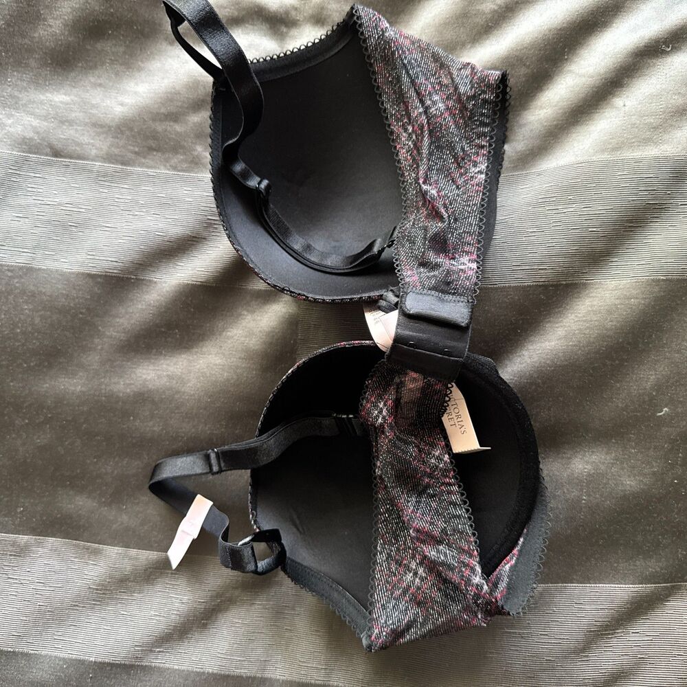 VICTORIA'S SECRET Black Red Gray Plaid Push Up Bra New With Tags Size 38D
